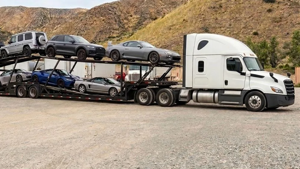 White semi-truck with a loaded multi-level car hauler transporting luxury and sports cars