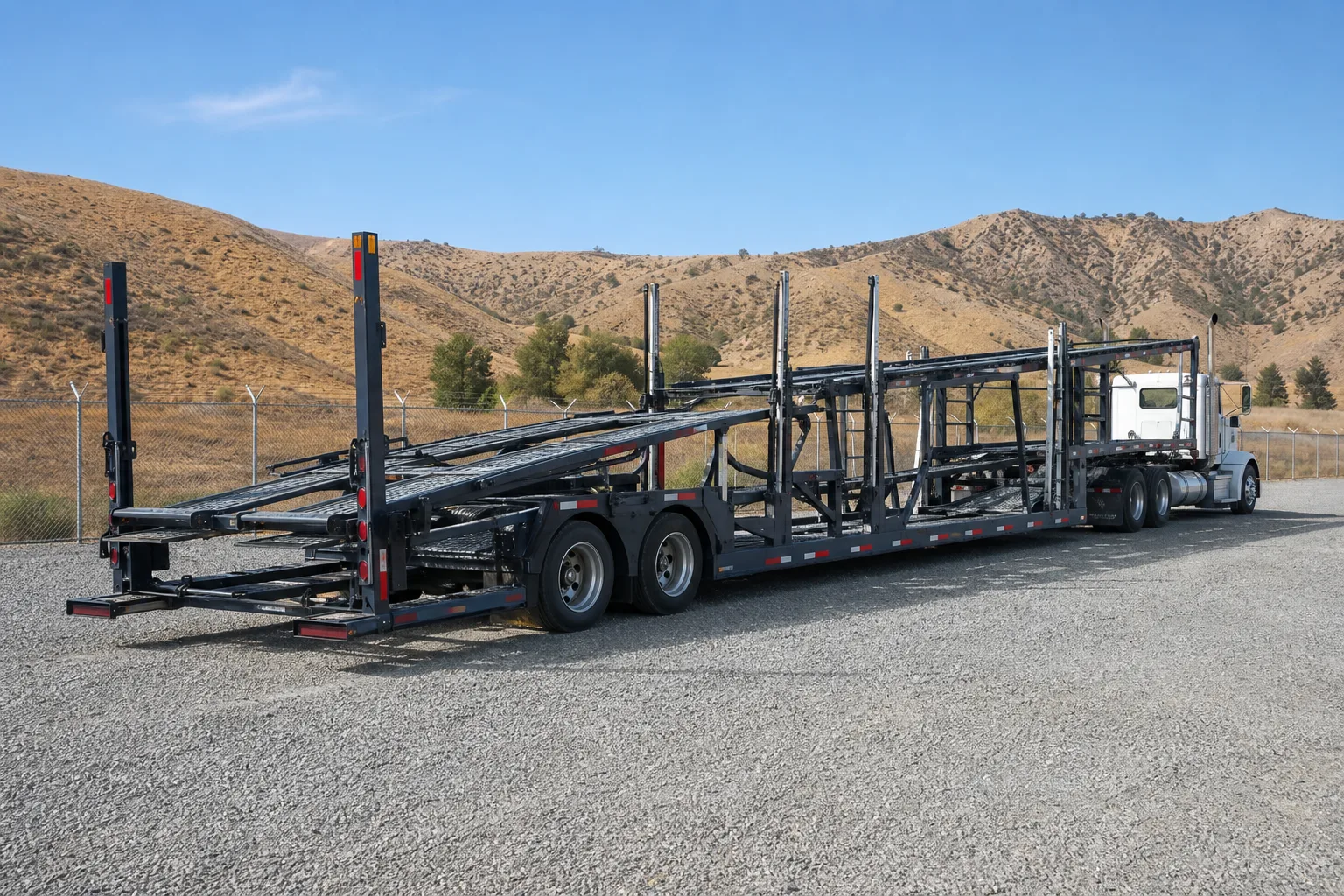 Multi-level car hauler trailer with tractor stored at the Santa Clarita commercial facility