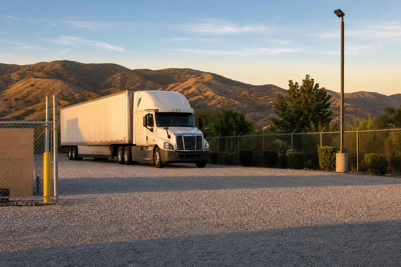 Semi-truck with trailer entering the well-maintained facility driveway at golden hour