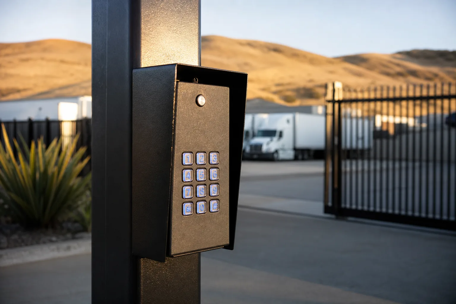Keypad access control post at the facility gate used for 24/7 authorized customer entry