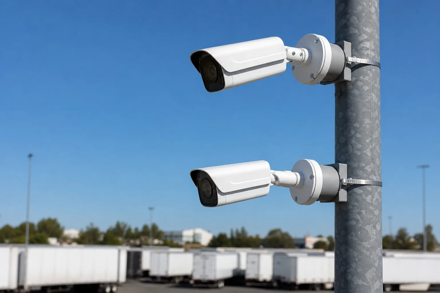 Video surveillance cameras mounted on a pole overlooking the commercial storage yard