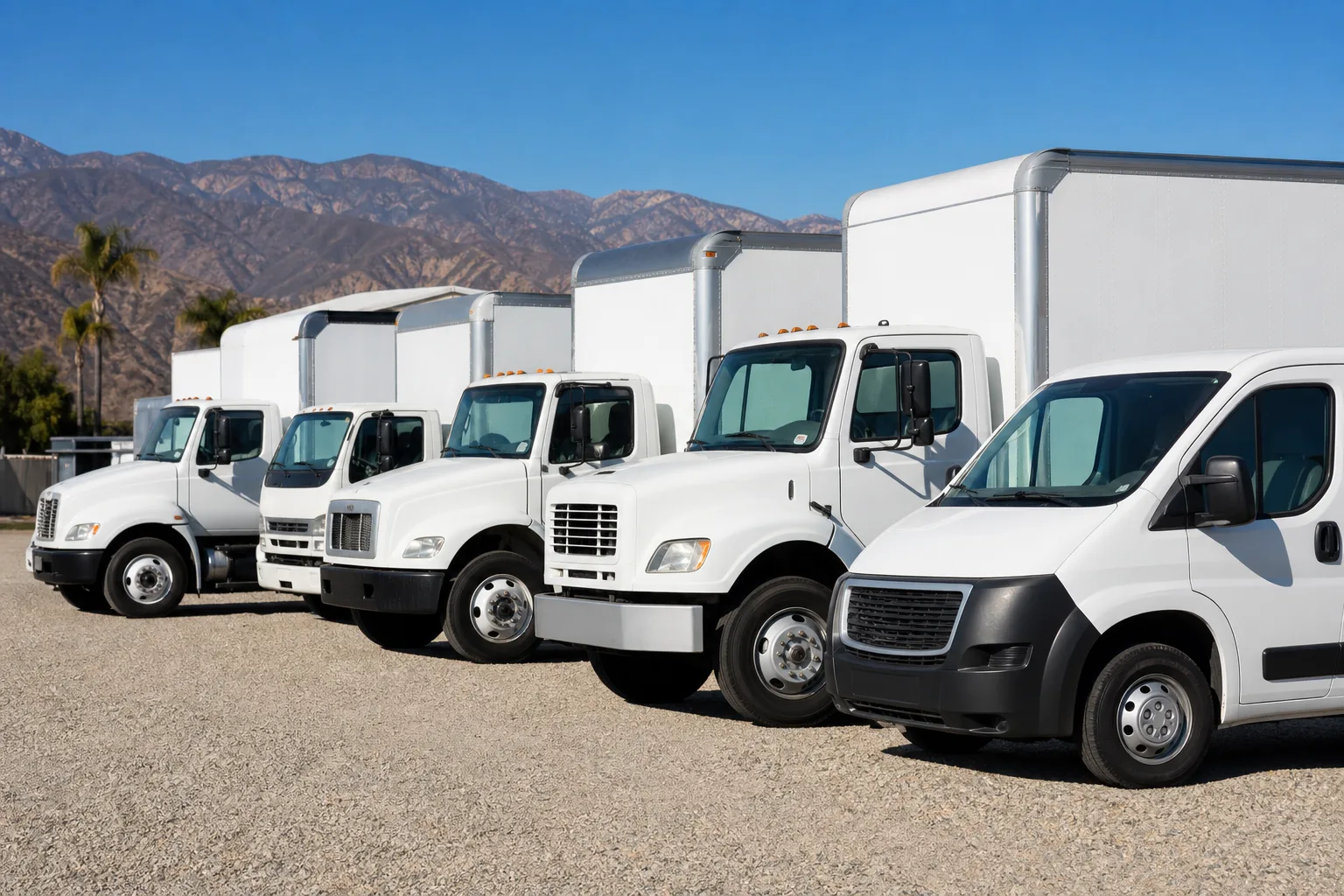 Row of box trucks and commercial delivery vans parked at the outdoor commercial storage yard