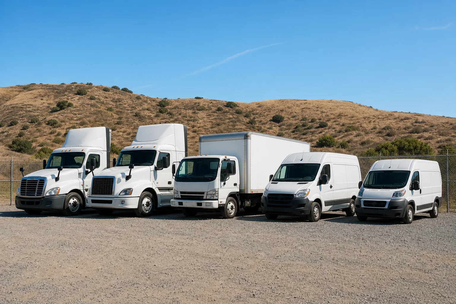 Small commercial fleet of tractors, a box truck, and cargo vans stored in an organized row